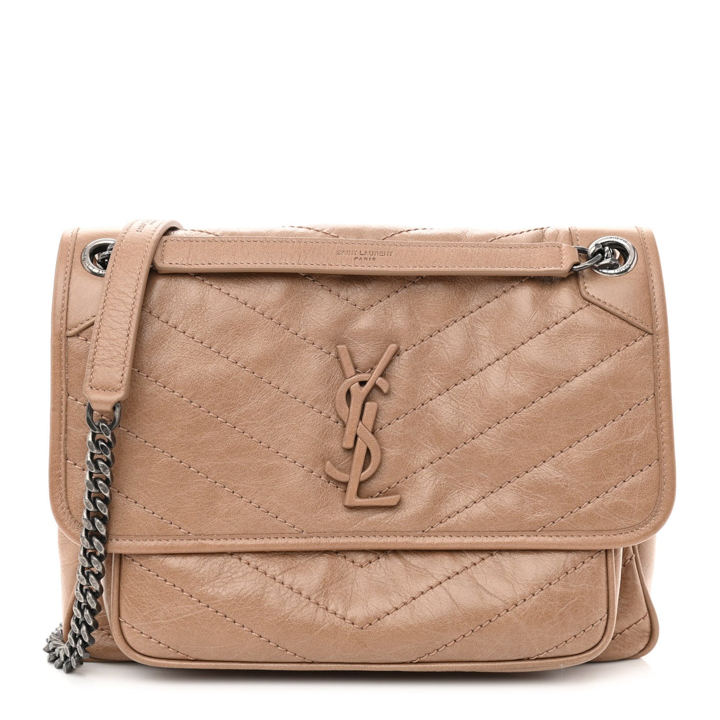 Crinkled Calfskin Matelasse Monogram Medium Niki Chain Satchel Dark Toffee