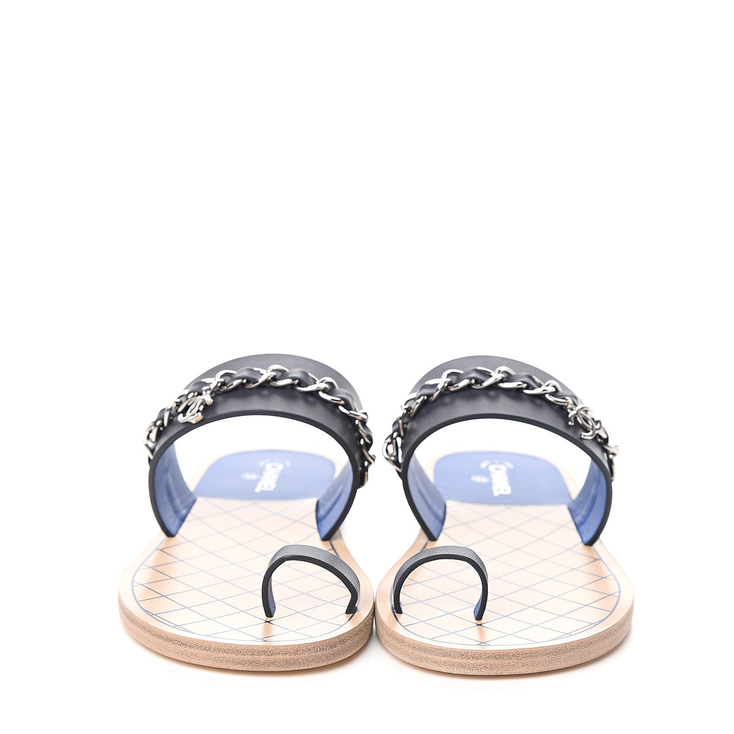 Chanel Calfskin Chain CC Logo Toe Ring Sandals 37.5 Black 2 of 9