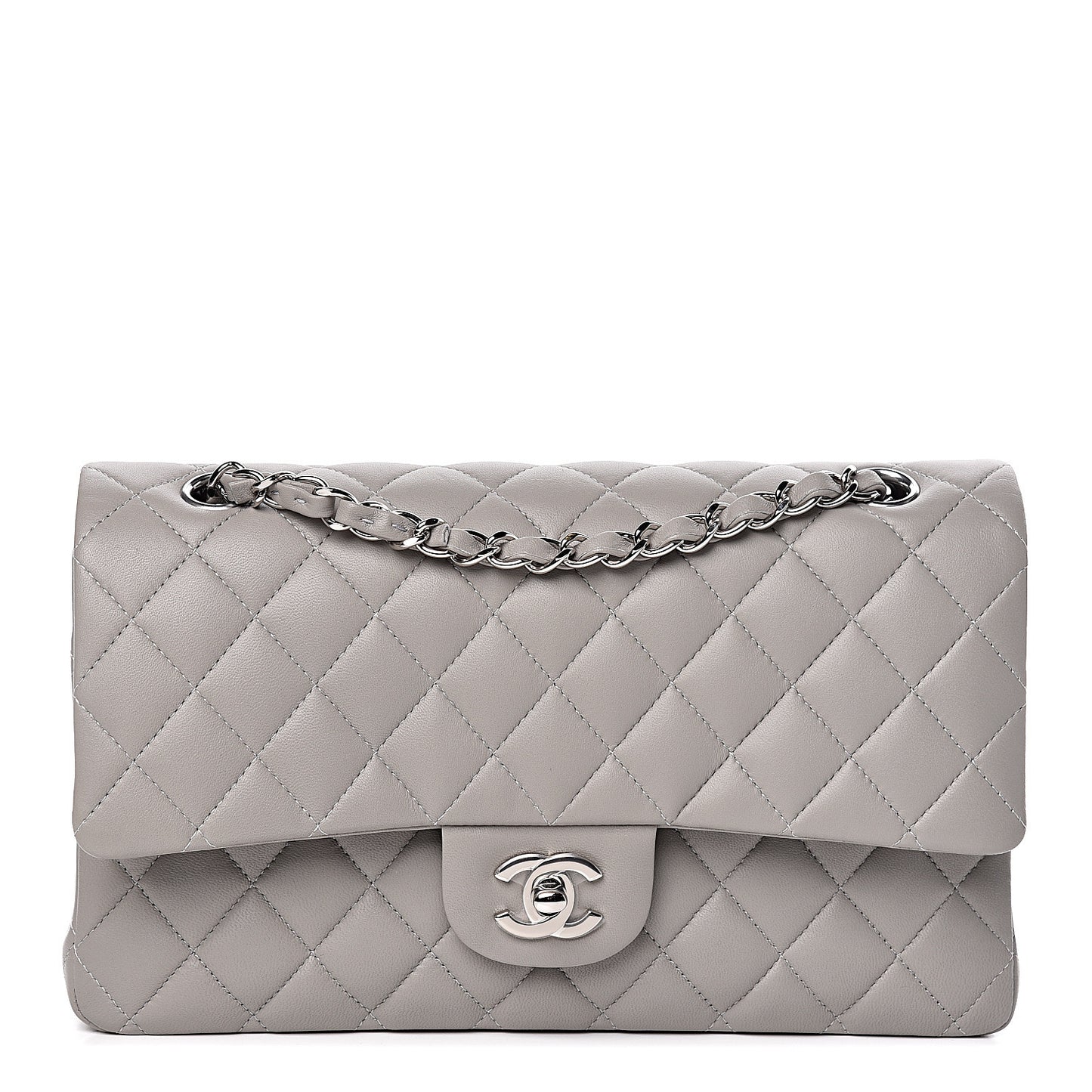 Lambskin Quilted Medium Double Flap Grey
