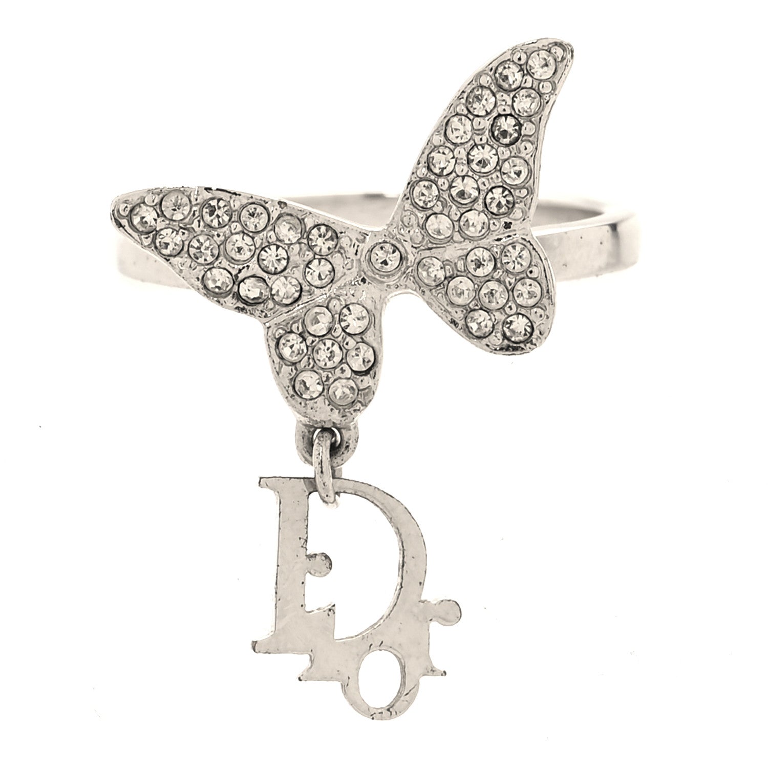 Christian Dior Metal Crystal Butterfly Logo Charm Ring 54 7 Silver 1 of 4