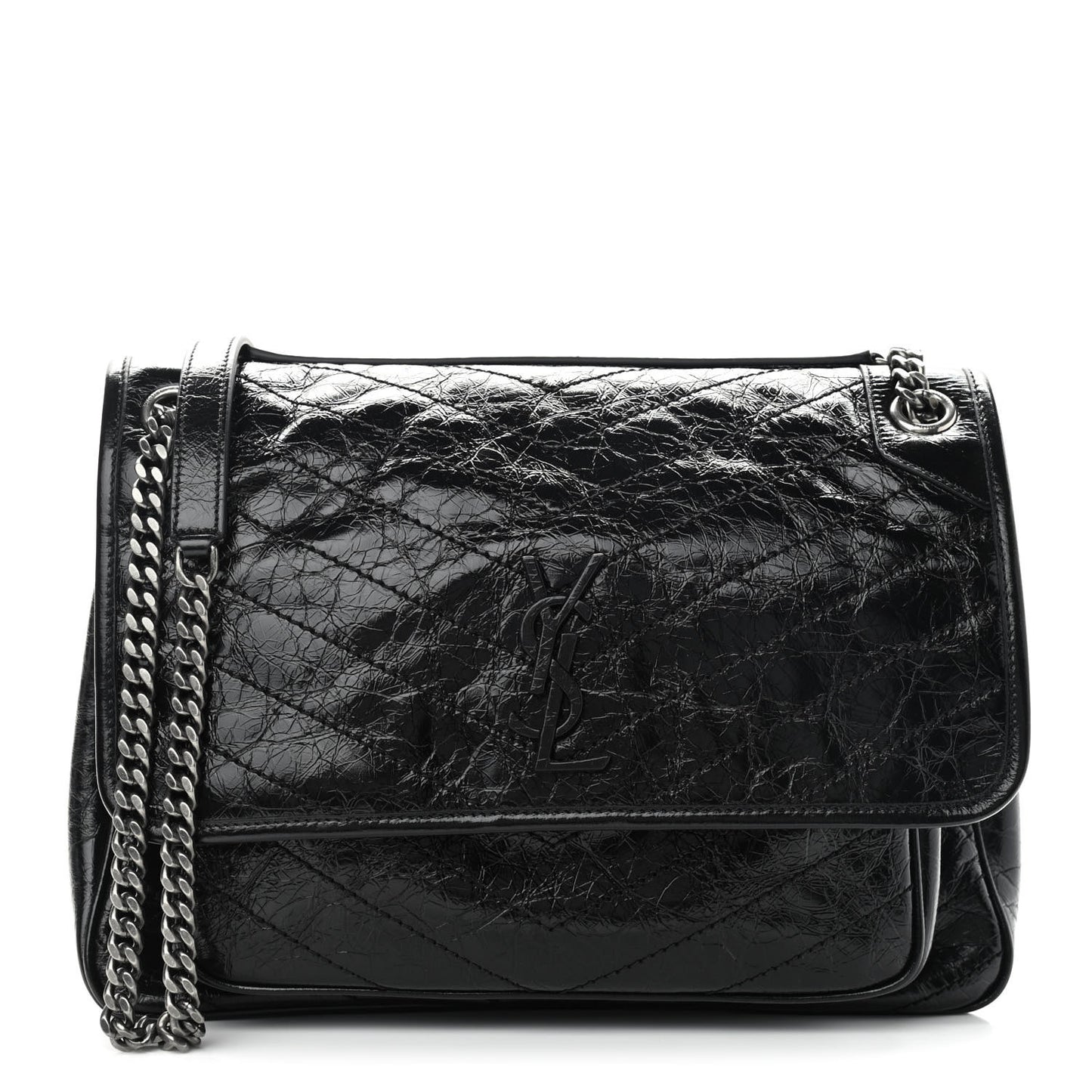 Crinkled Calfskin Matelasse Monogram Large Niki Chain Satchel Black