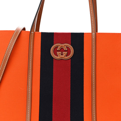 Gucci Canvas Calfskin Web Large Interlocking G Tote Bag Vibrant Orange Hazel Brown 7 of 9