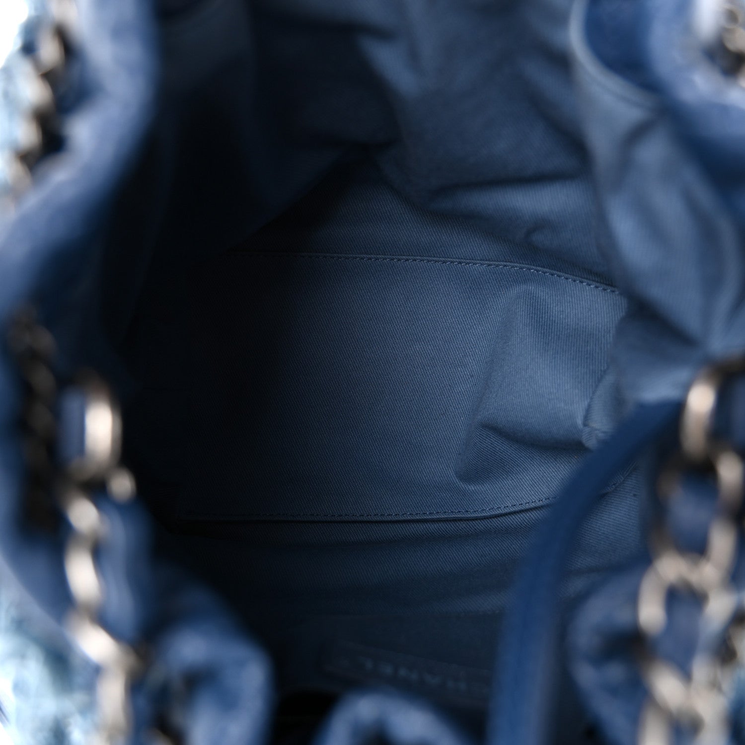 Chanel Calfskin Denim Fringe Chains CC Drawstring Bucket Bag Blue 4 of 9