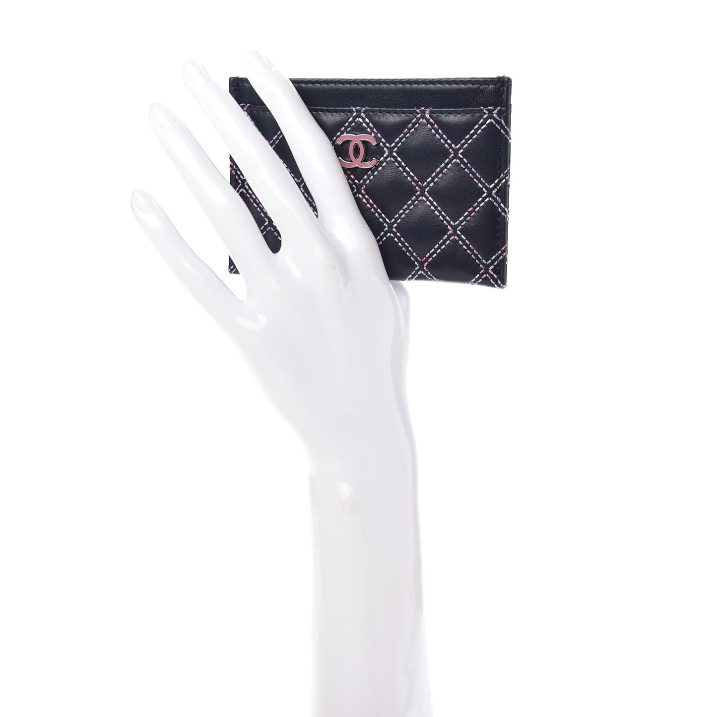 Lambskin Double Stitch Quilted Card Holder Navy Pink