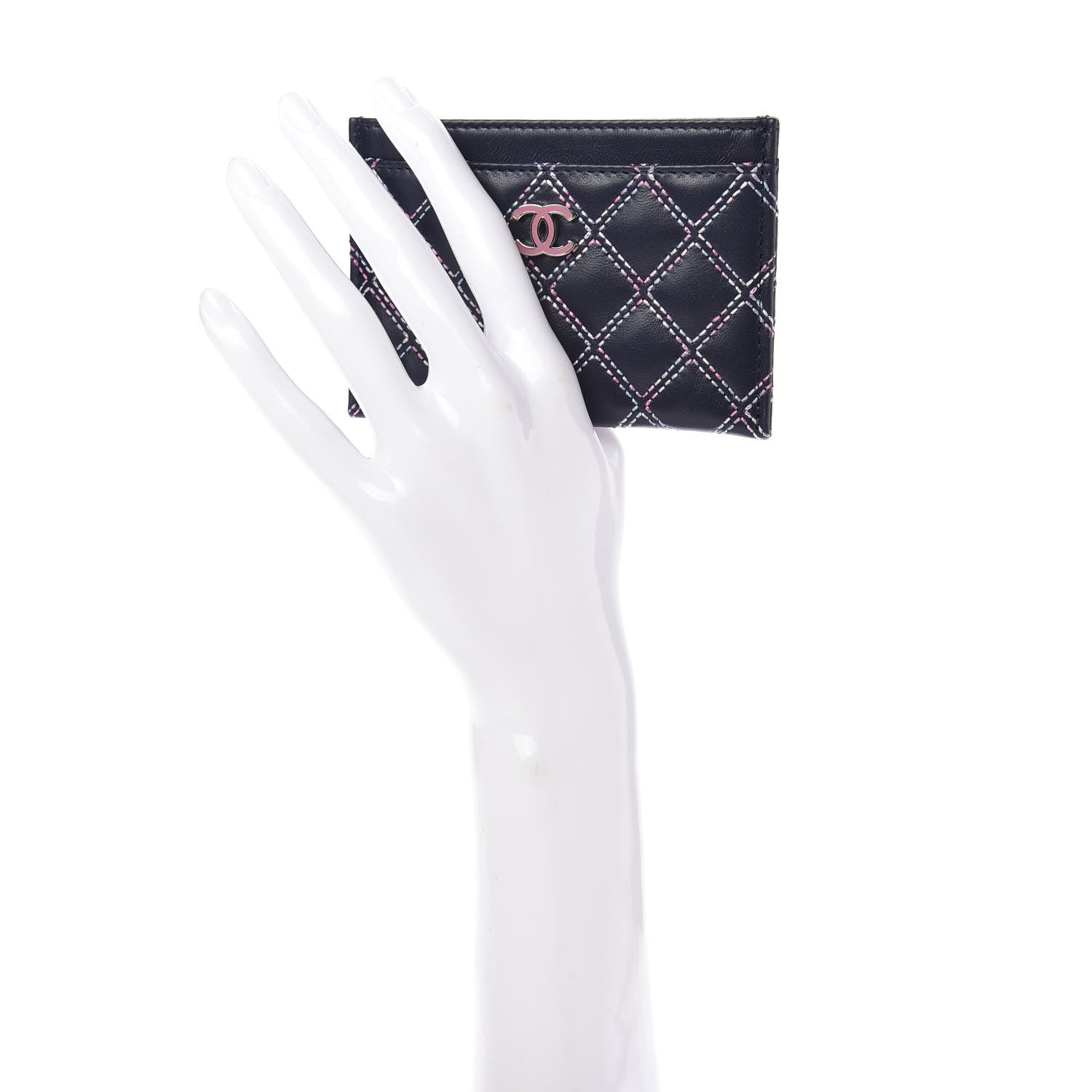 Chanel Lambskin Double Stitch Quilted Card Holder Navy Pink 2 of 10