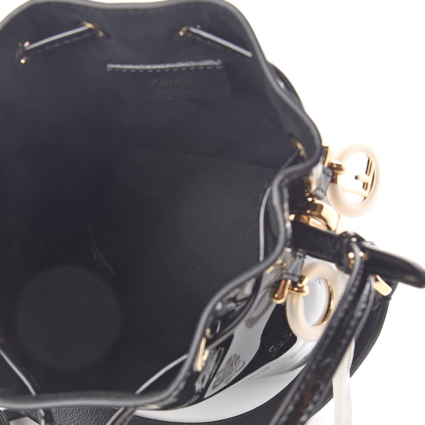 Vitello Vernice Mou F is Fendi Karligraphy Embossed Mini Mon Tresor Bucket Bag Black