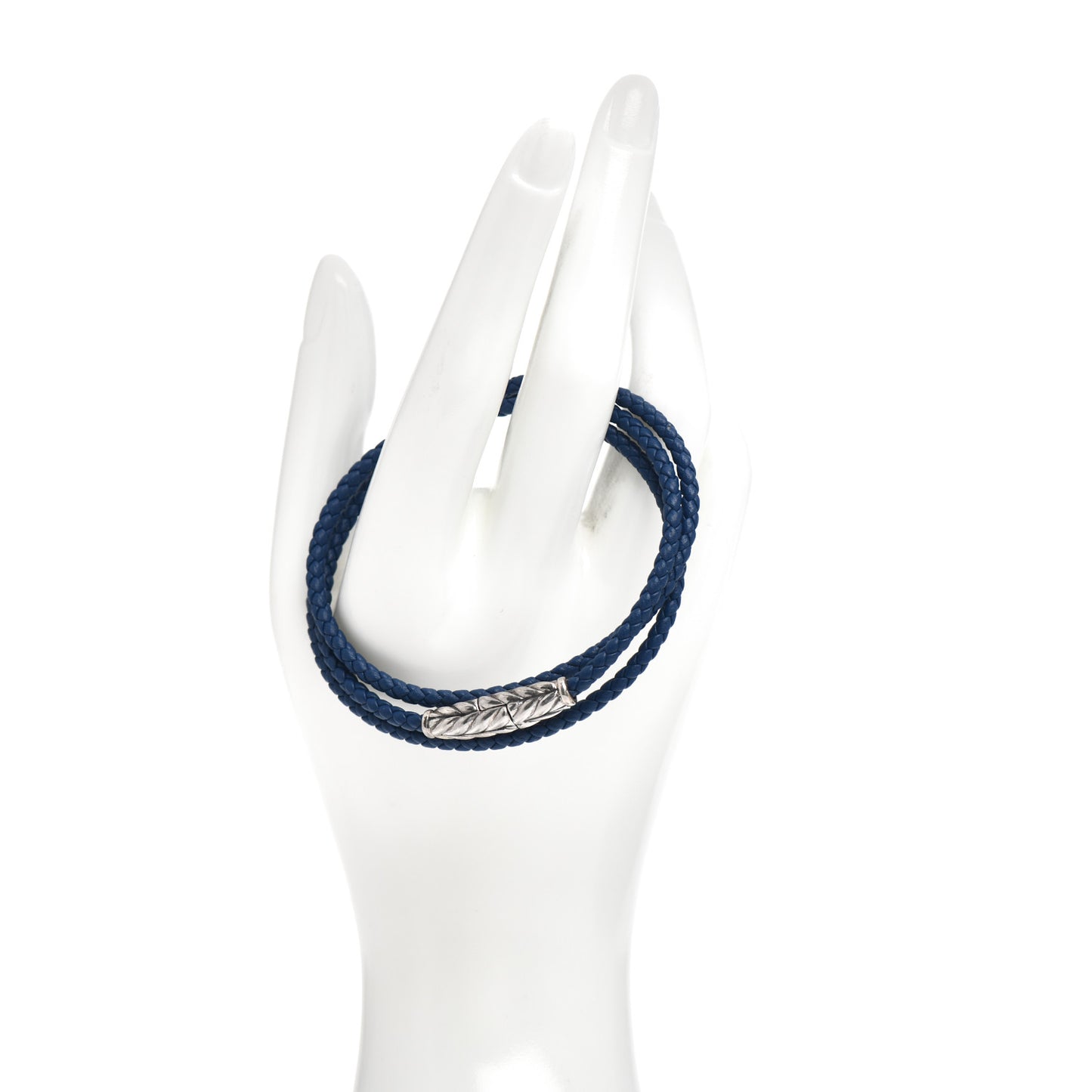 Sterling Silver Leather Mens Chevron Triple-Wrap Bracelet Blue