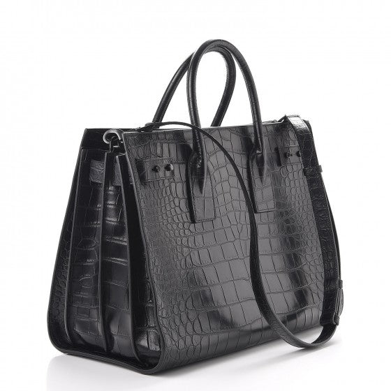 Calfskin Crocodile Embossed Medium Supple Sac de Jour Black