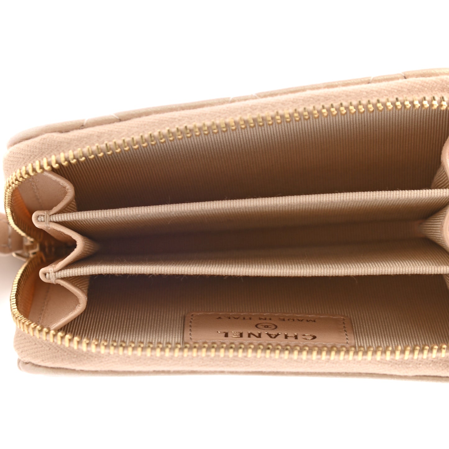 Iridescent Calfskin Quilted Zip Coin Purse Wallet Beige