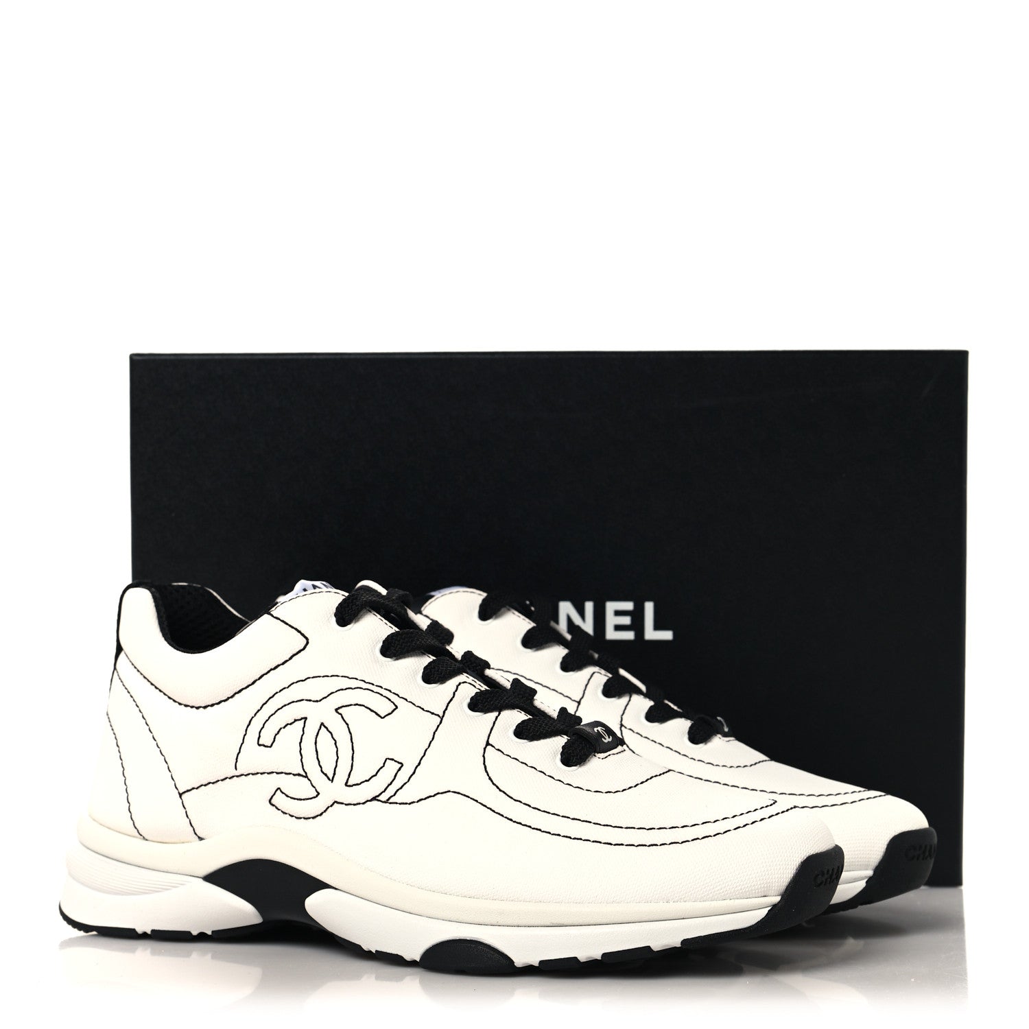 Chanel Cotton Womens CC Sneakers 39.5 White Black 10 of 10