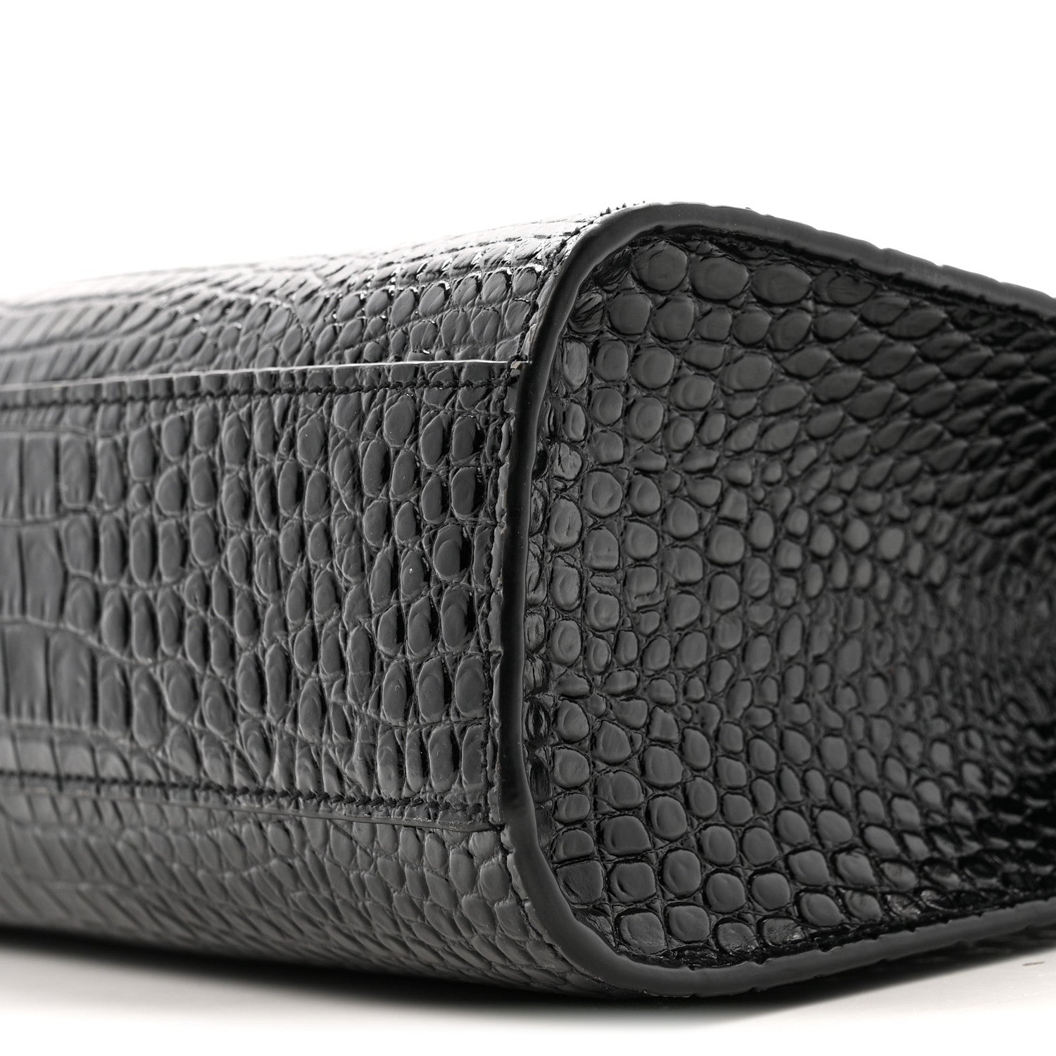 Saint Laurent Shiny Calfskin Crocodile Embossed Manhattan Baguette Black 9 of 11