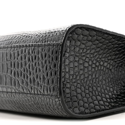 Saint Laurent Shiny Calfskin Crocodile Embossed Manhattan Baguette Black 9 of 11