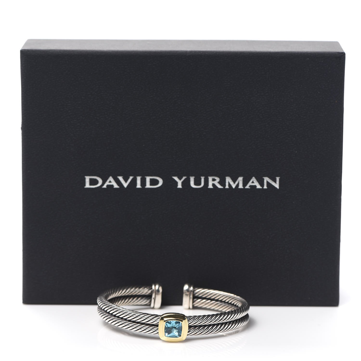 David Yurman Sterling Silver 18K Yellow Gold Blue Topaz Albion Double Cable Bracelet 5 of 5