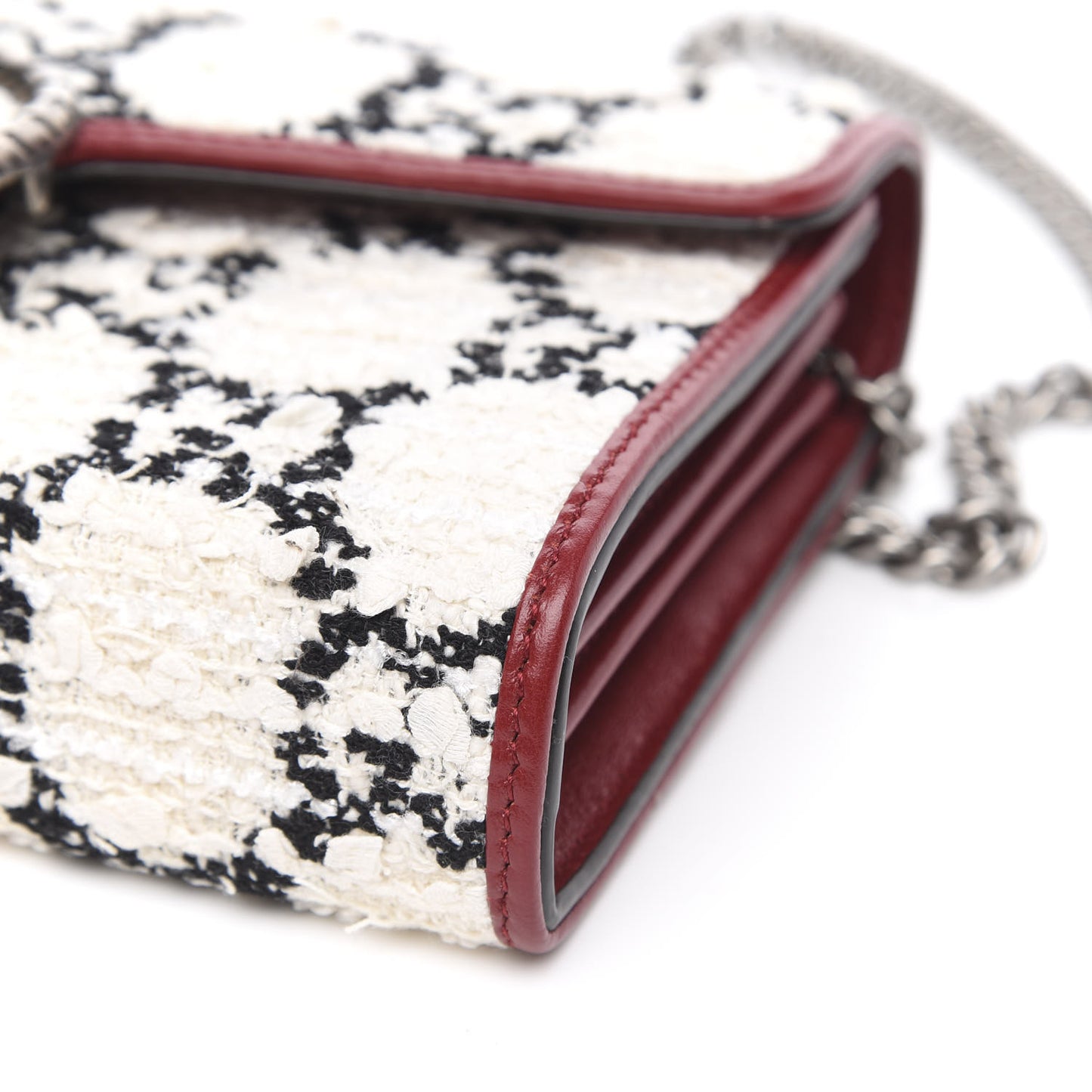 Tweed GG Monogram Mini Dionysus Chain Wallet White Black Romantic Cherry