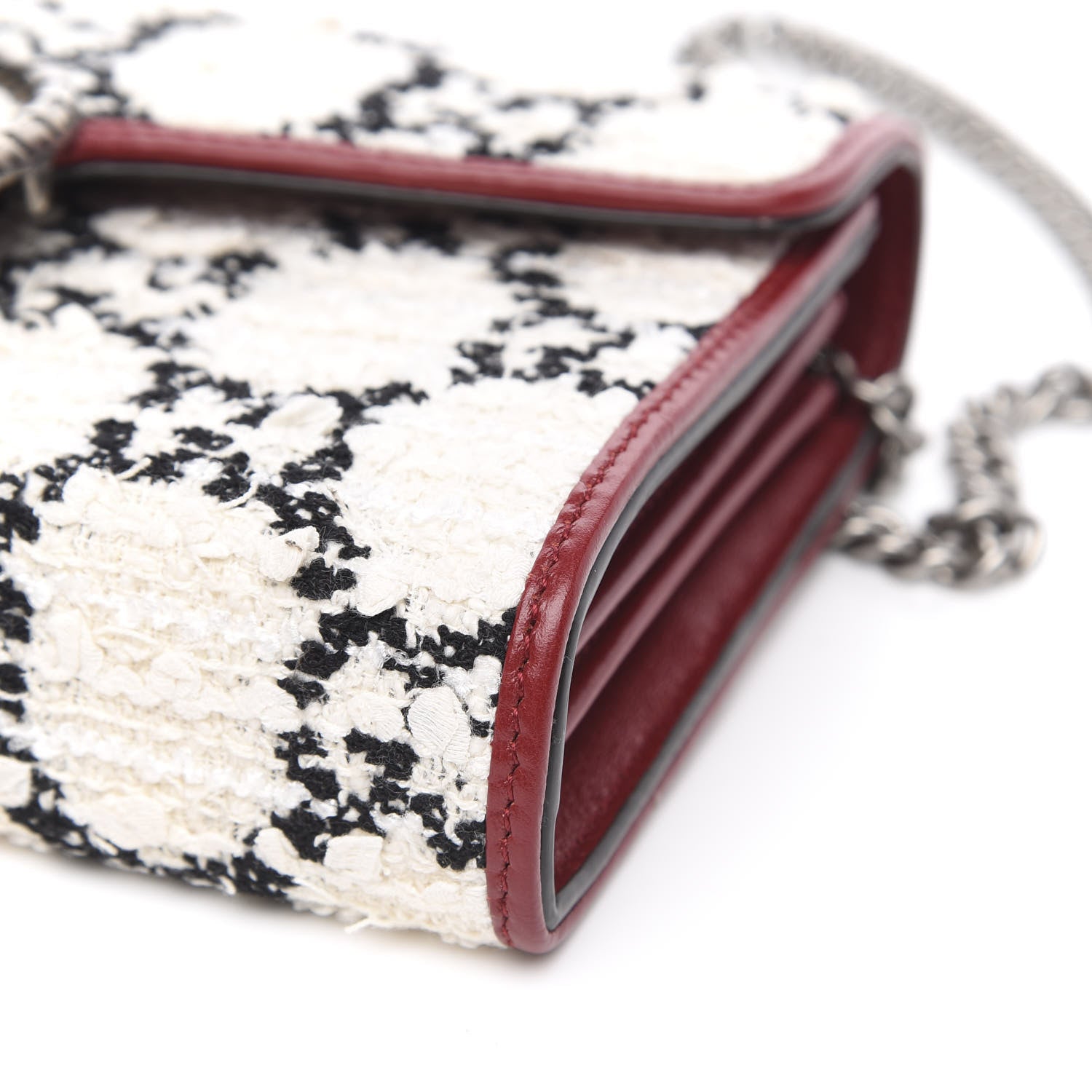 Gucci Tweed GG Monogram Mini Dionysus Chain Wallet White Black Romantic Cherry 9 of 10