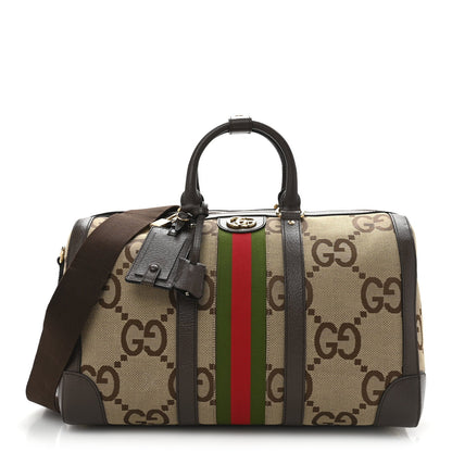 Gucci Monogram Jumbo GG Textured Dollar Calfskin Web Medium Duffle Bag Camel Ebony 1 of 12