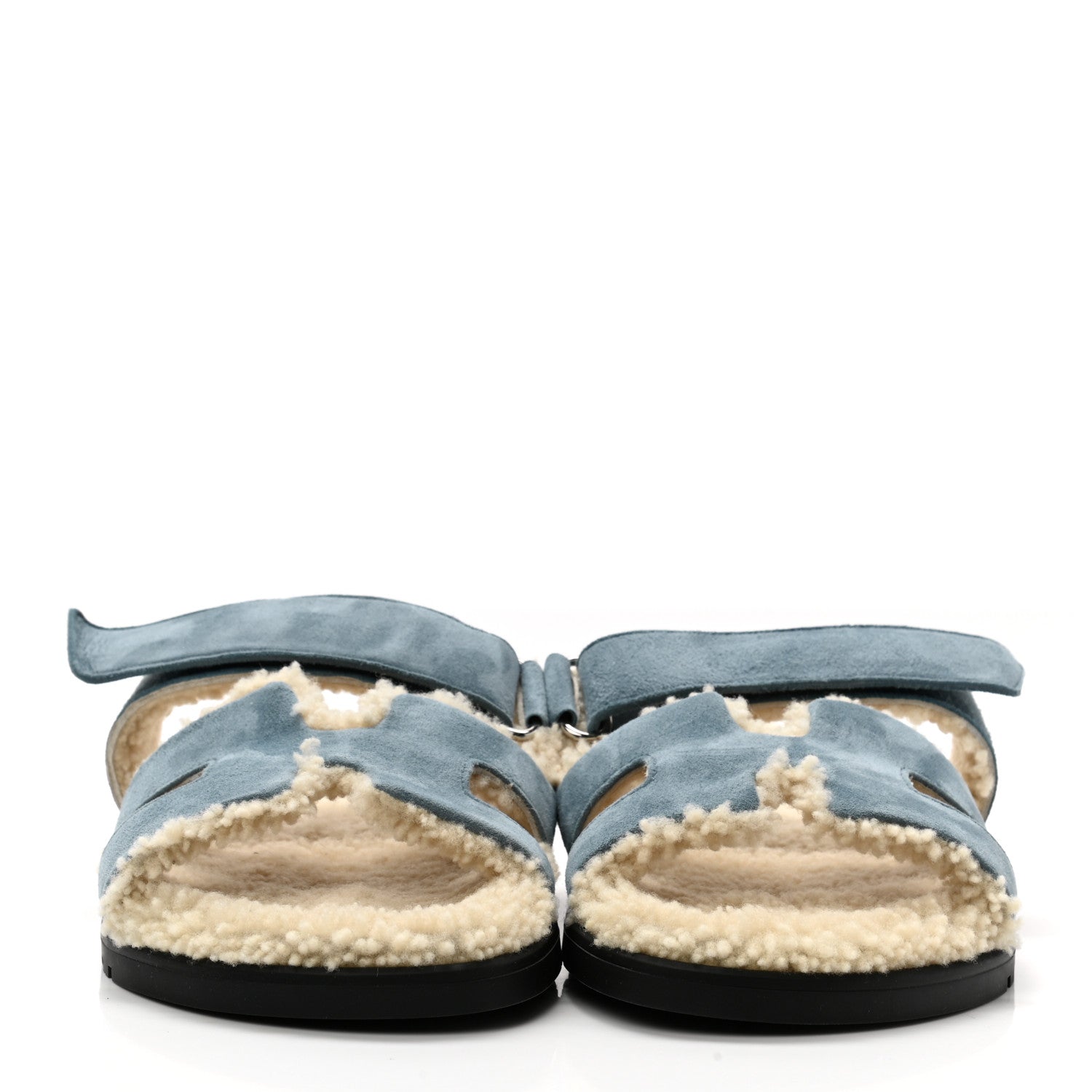 Hermes Suede Goatskin Woolskin Womens Chypre Sandals 36 Bleu Pinede Ecru 2 of 8
