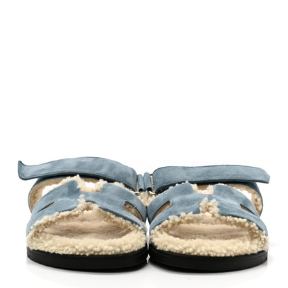 Hermes Suede Goatskin Woolskin Womens Chypre Sandals 36 Bleu Pinede Ecru 2 of 8