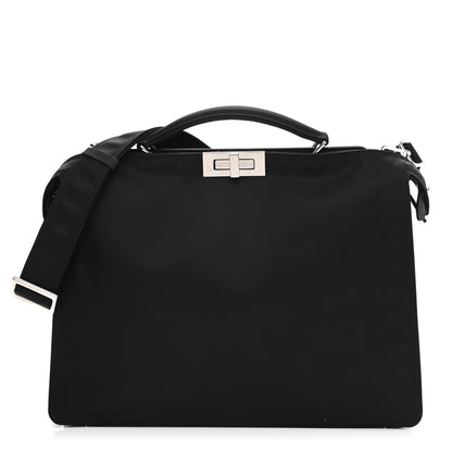 Fendi Nylon Vitello Cover Logo Embossed Medium Peekaboo I SEE U Satchel Black White 1 of 12