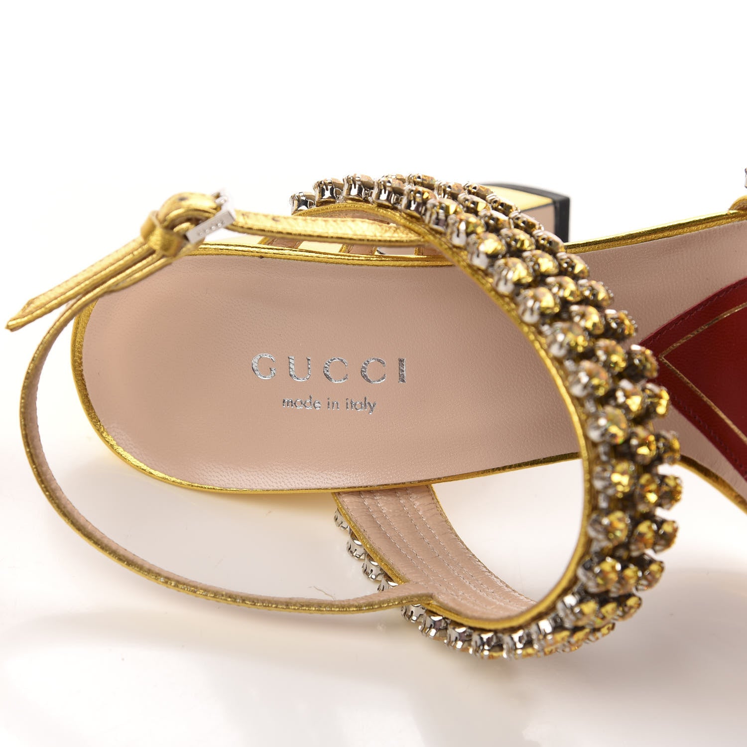 Gucci Nappa Silk Crystal Bertie High Heel Sandals 36 Gold 7 of 9