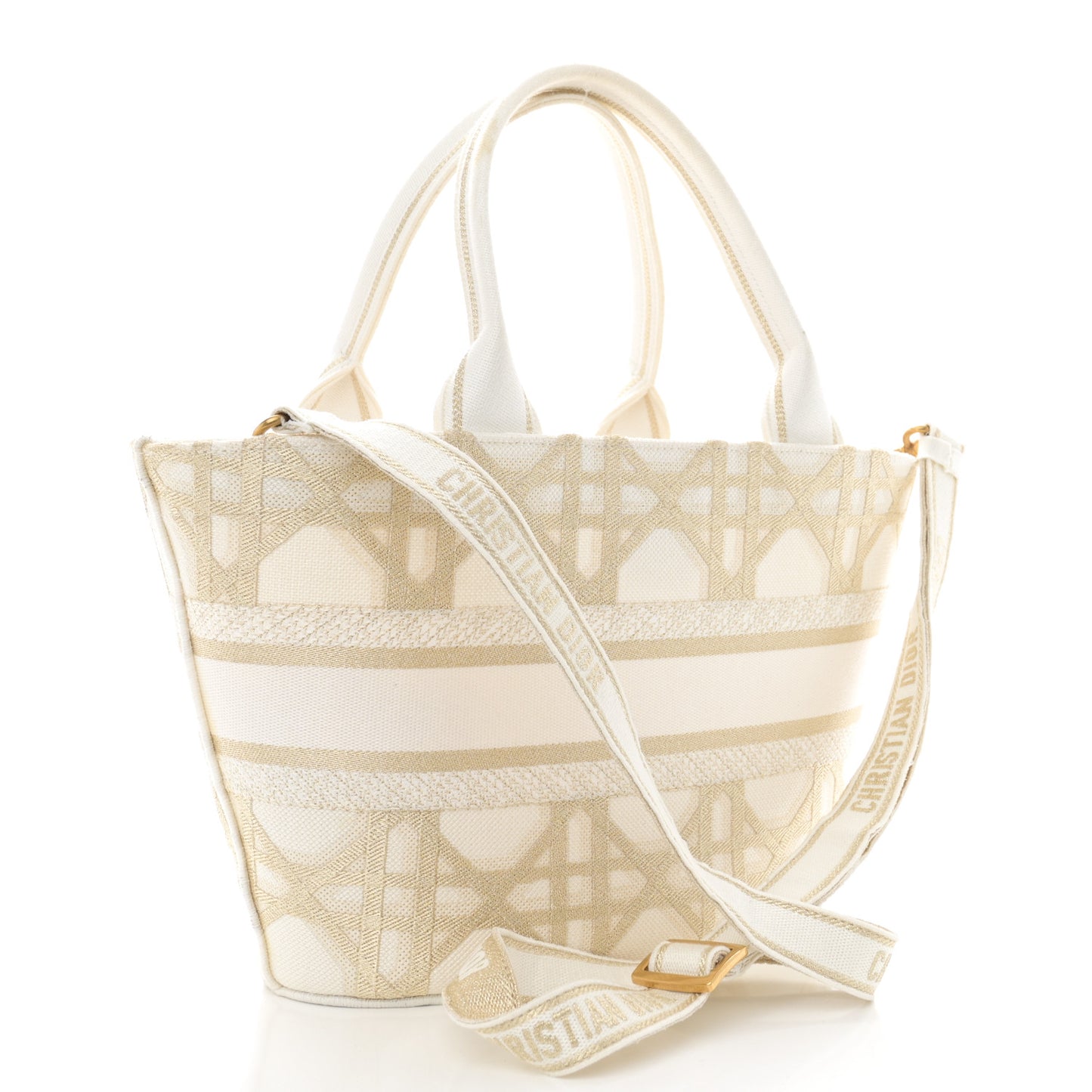 Canvas Cannage Embroidered Brocart Hat Basket Bag White Gold
