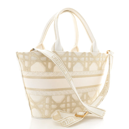 Christian Dior Canvas Cannage Embroidered Brocart Hat Basket Bag White Gold 4 of 12