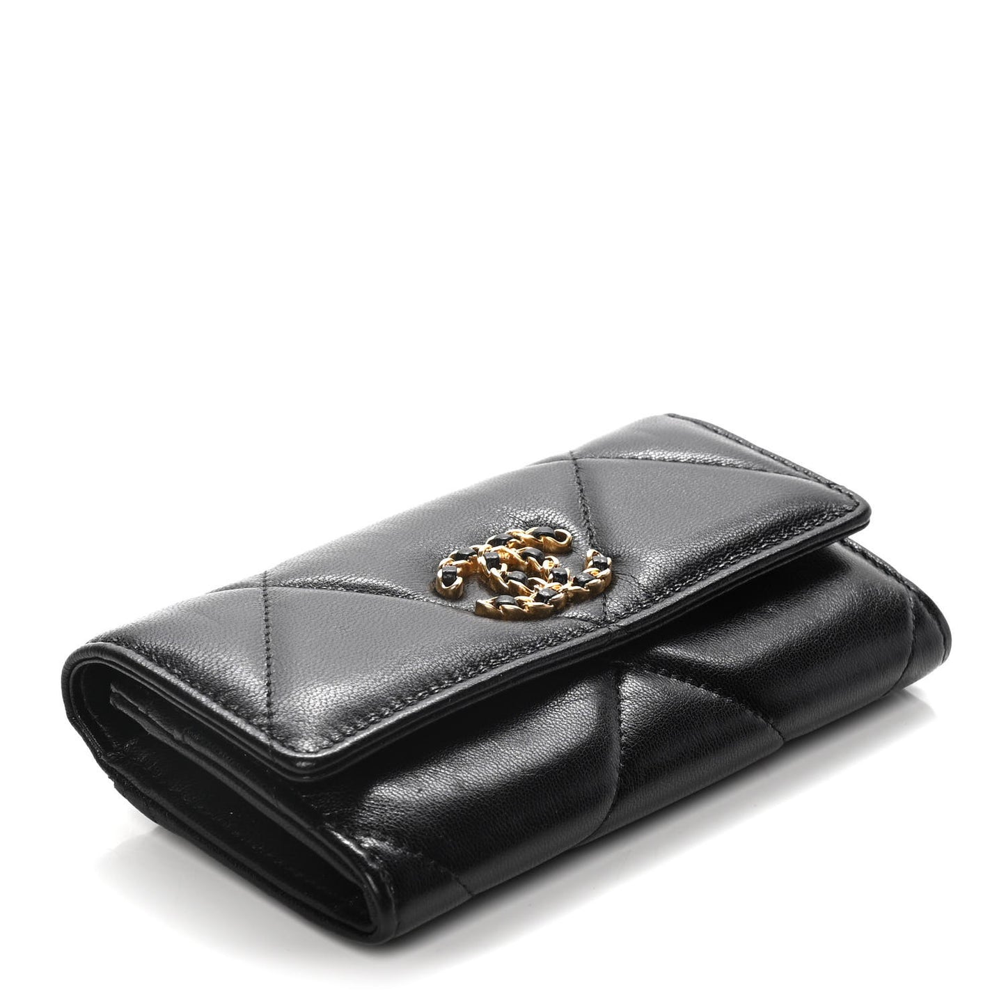 Shiny Goatskin Quilted Chanel 19 Flap Wallet Black