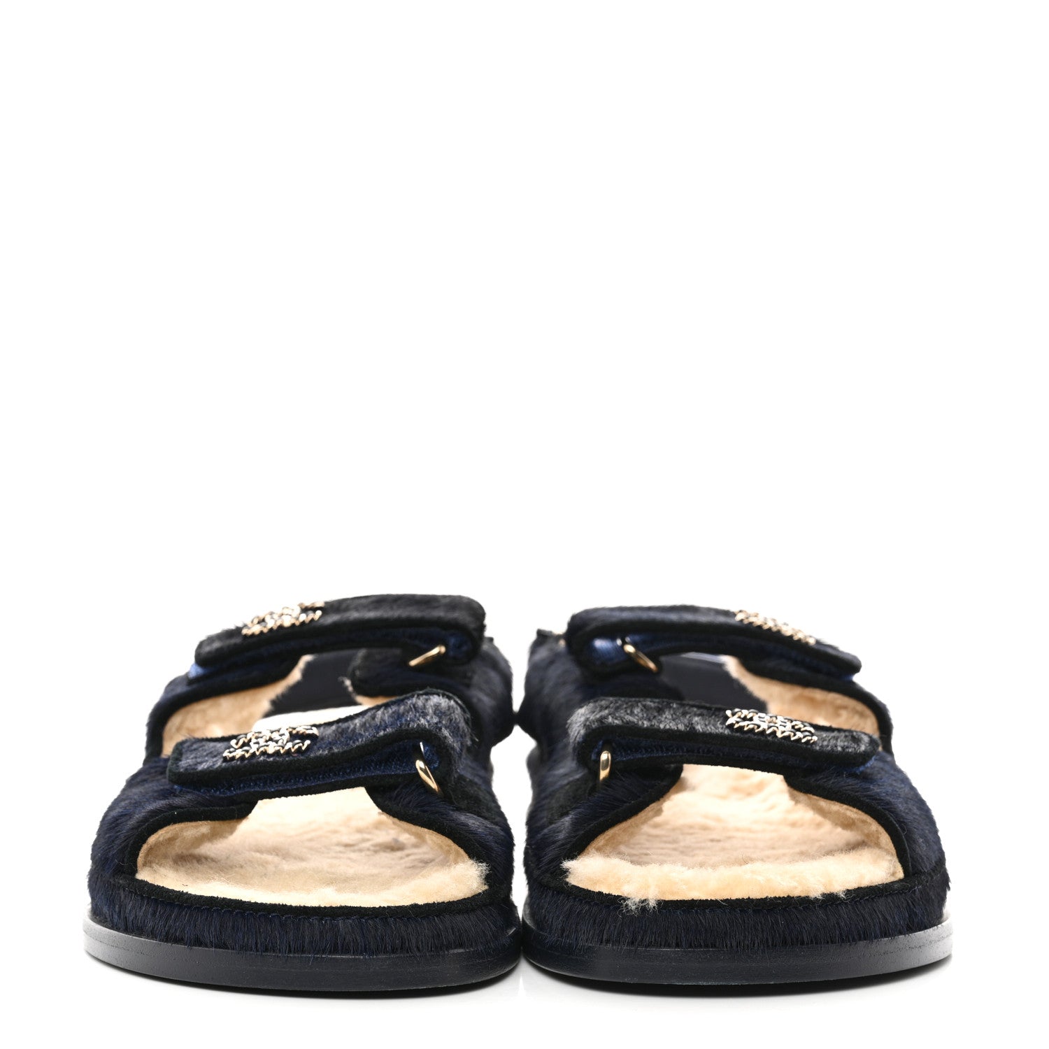 Chanel Calfskin Hair Suede Shearling Dad Sandals 39.5 Navy Black 2 of 8