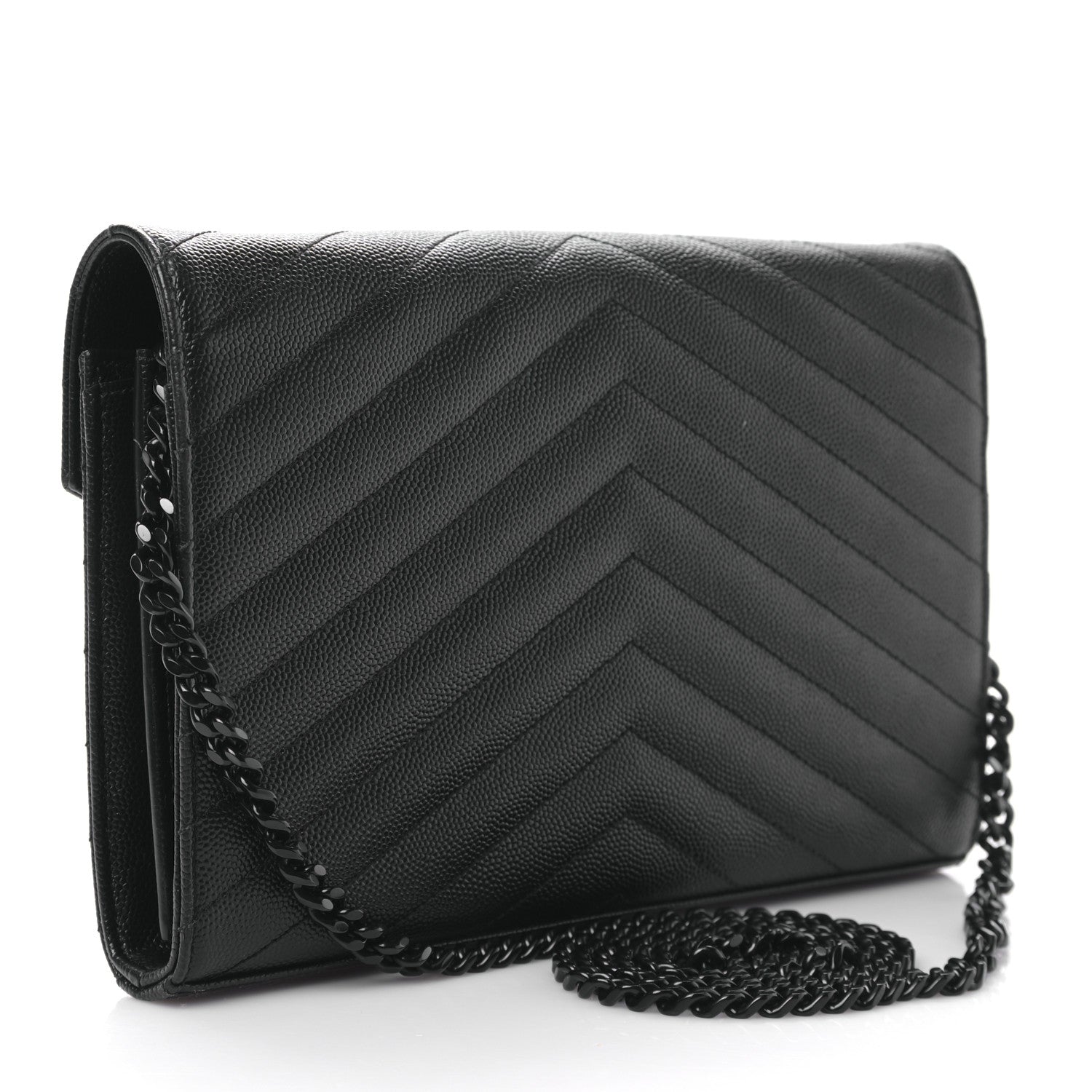 Saint Laurent Grain De Poudre Matelasse Chevron Monogram Monochrome Chain Wallet Black 3 of 8