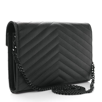Saint Laurent Grain De Poudre Matelasse Chevron Monogram Monochrome Chain Wallet Black 3 of 8