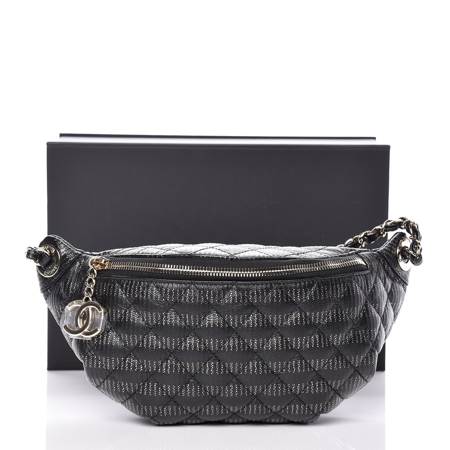 Calfskin Quilted Waist Bag Black Gold