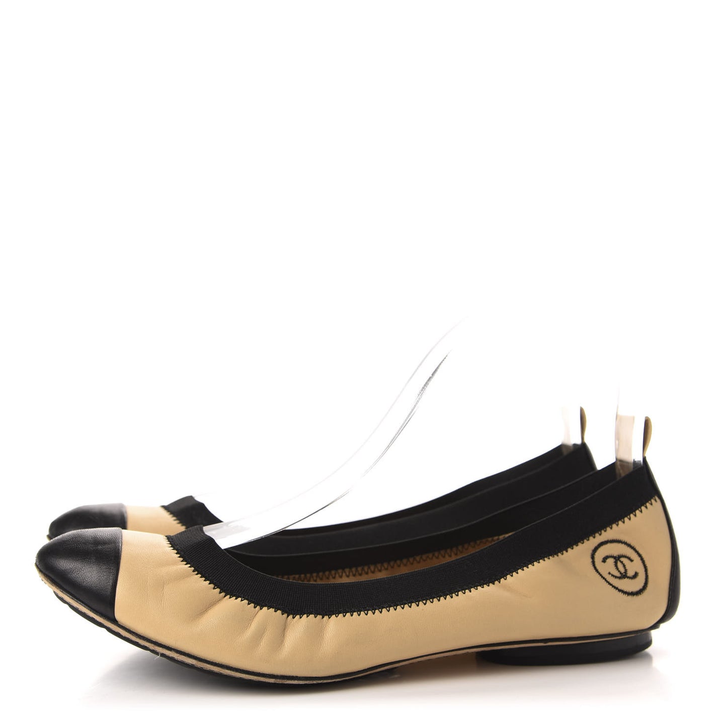 Lambskin CC Elastic Cap Toe Ballerina 39.5 Flats Beige Black