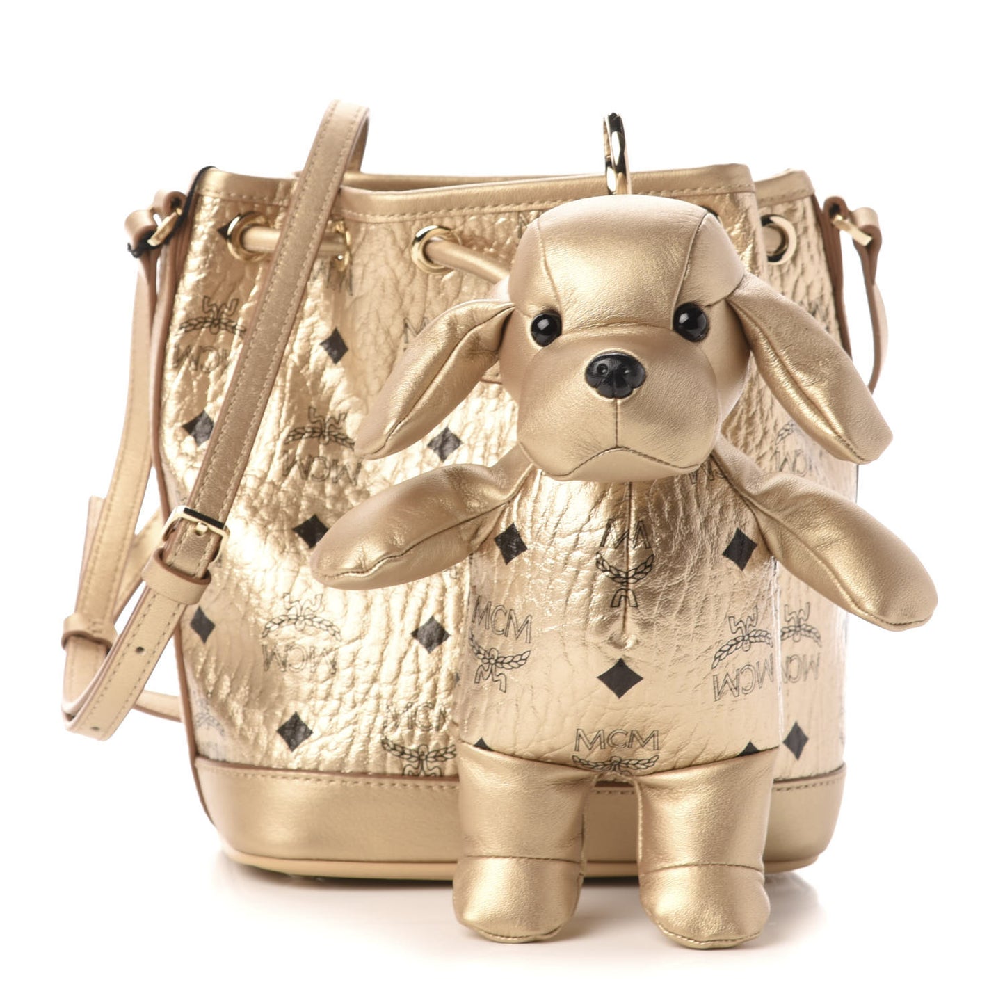 Metallic Visetos Zoo Dog Drawstring Bucket Bag Gold