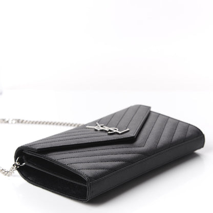 Saint Laurent Grain De Poudre Matelasse Chevron Monogram Chain Wallet Black 3 of 9