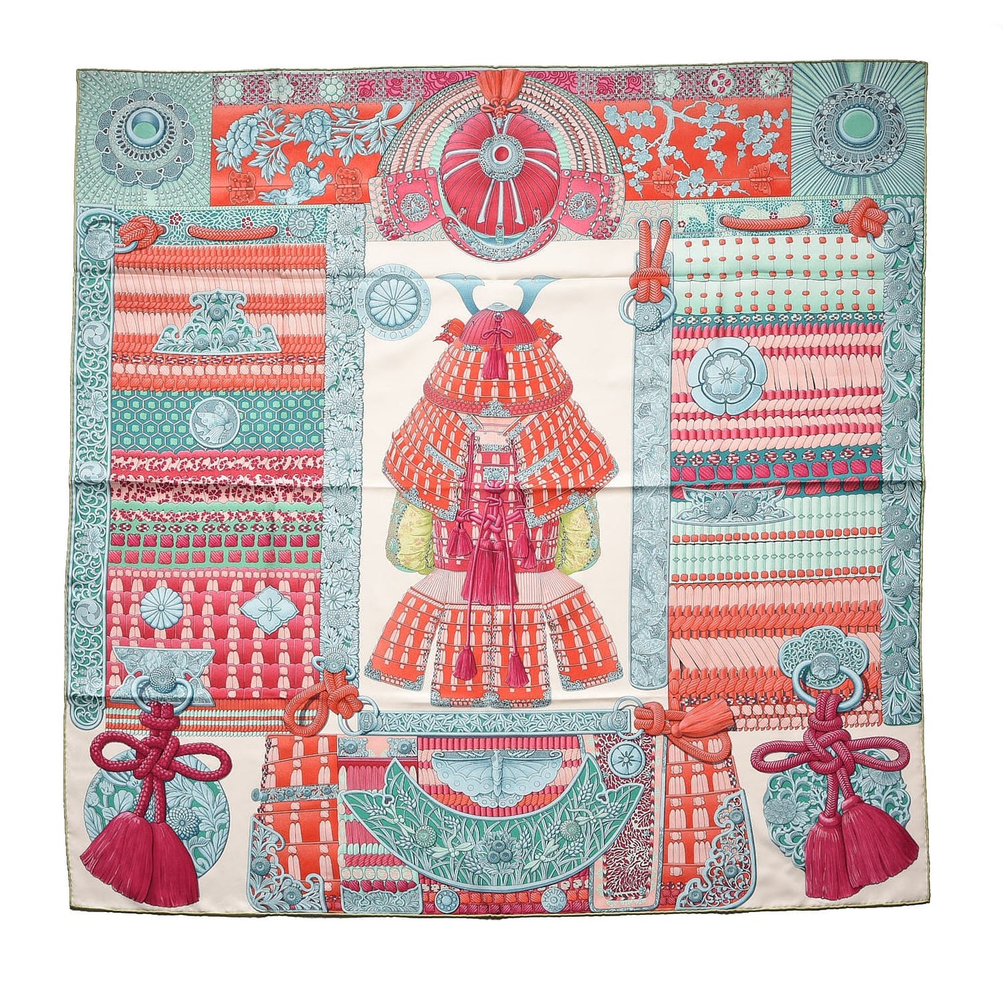 Silk Parures de Samourais Scarf 90 Creme Aqua Coral