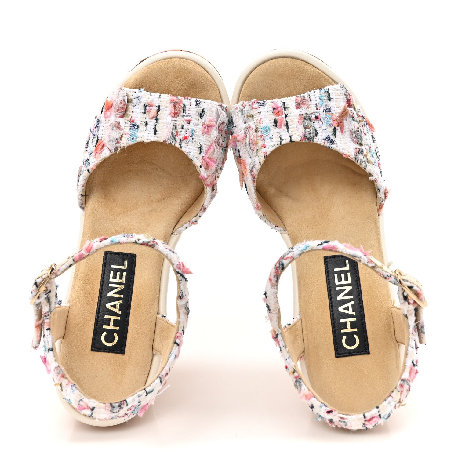 Chanel Tweed Cork CC Wedge Sandals 38.5 Ecru Pink Blue Green 2 of 10