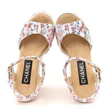 Chanel Tweed Cork CC Wedge Sandals 38.5 Ecru Pink Blue Green 2 of 10