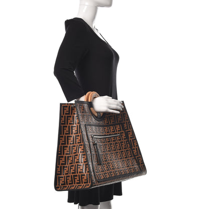 Fendi Vitello Century Wicker FF Embossed Large Runaway Shopper Tote Tobacco Black 2 of 10