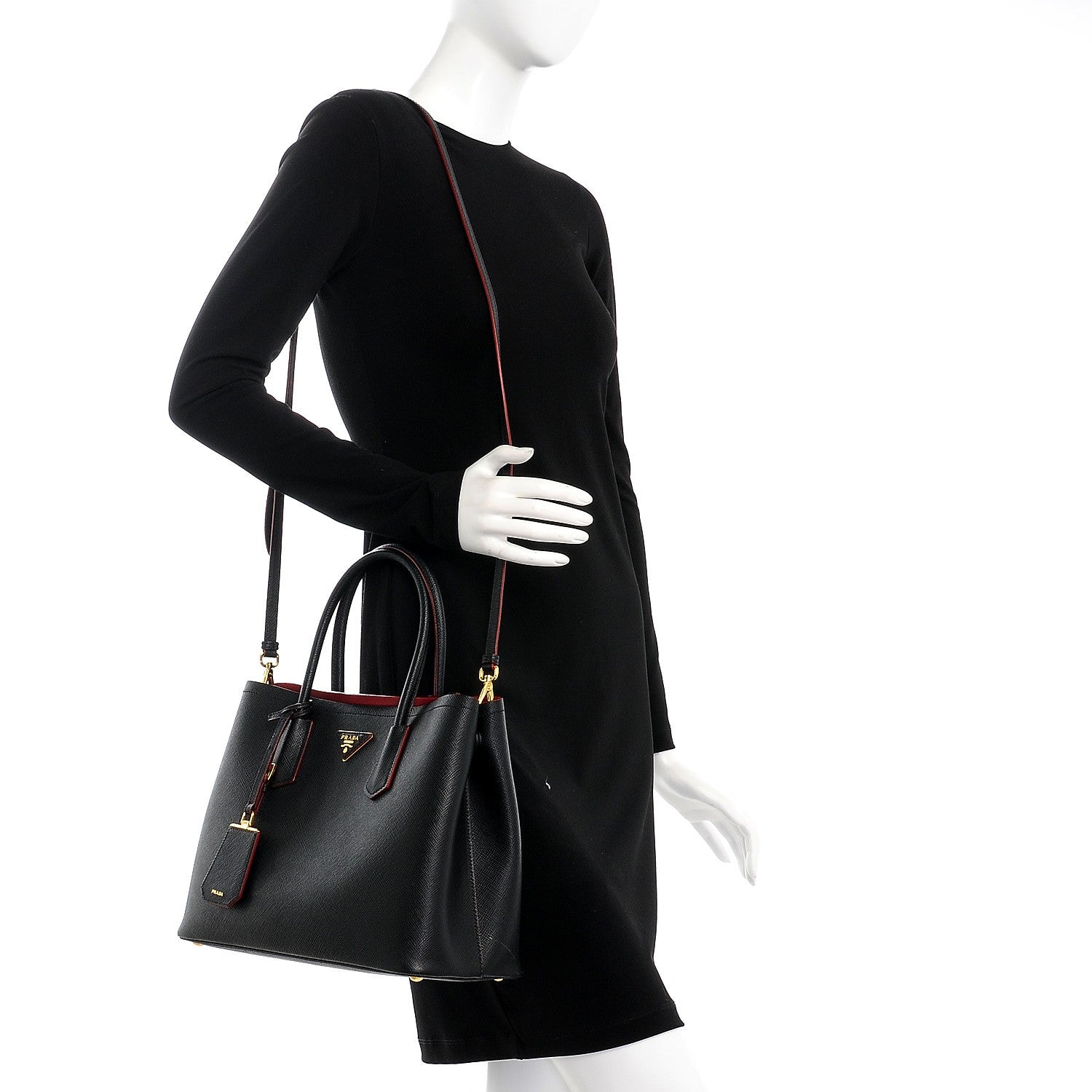 Prada Saffiano Cuir Medium Double Bag Black Ciliegia 2 of 9