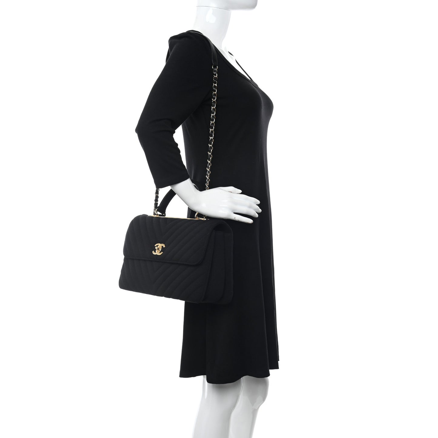 Jersey Chevron Quilted Medium Trendy CC Dual Handle Flap Bag Black