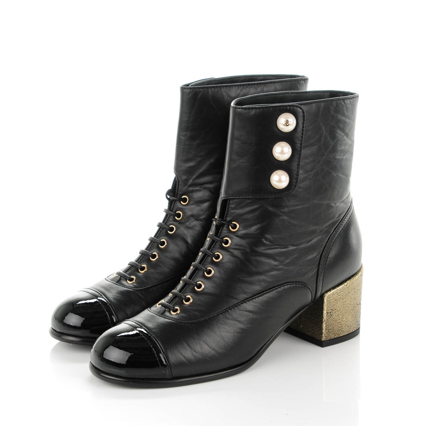 Calfskin Patent Pearl Short Boots 36 Black Gold