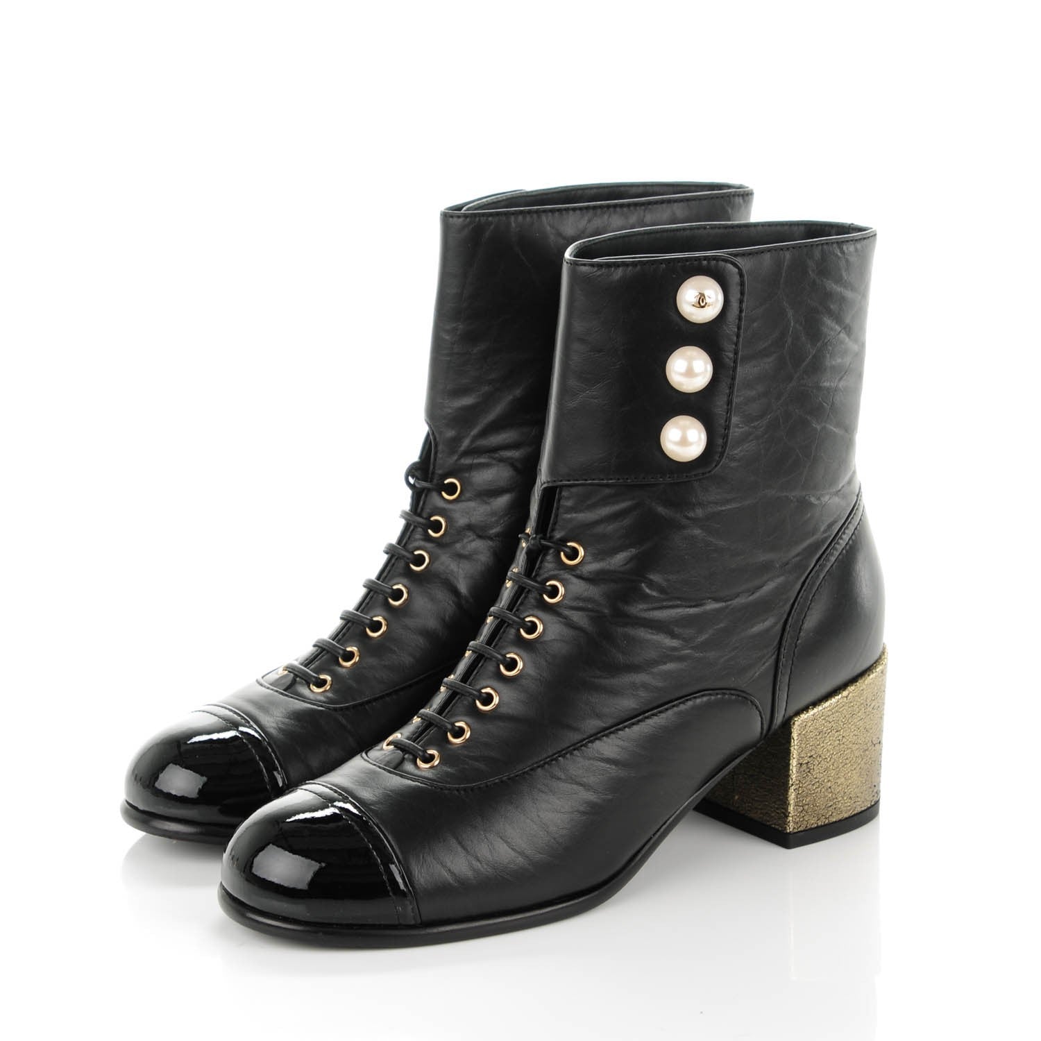 Chanel Calfskin Patent Pearl Short Boots 36 Black Gold 3 of 7