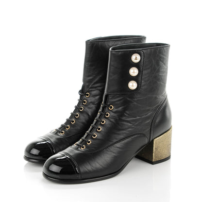 Chanel Calfskin Patent Pearl Short Boots 36 Black Gold 3 of 7