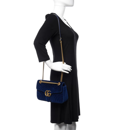 Gucci Velvet Matelasse Small GG Marmont Shoulder Bag Cobalt Blue 2 of 13