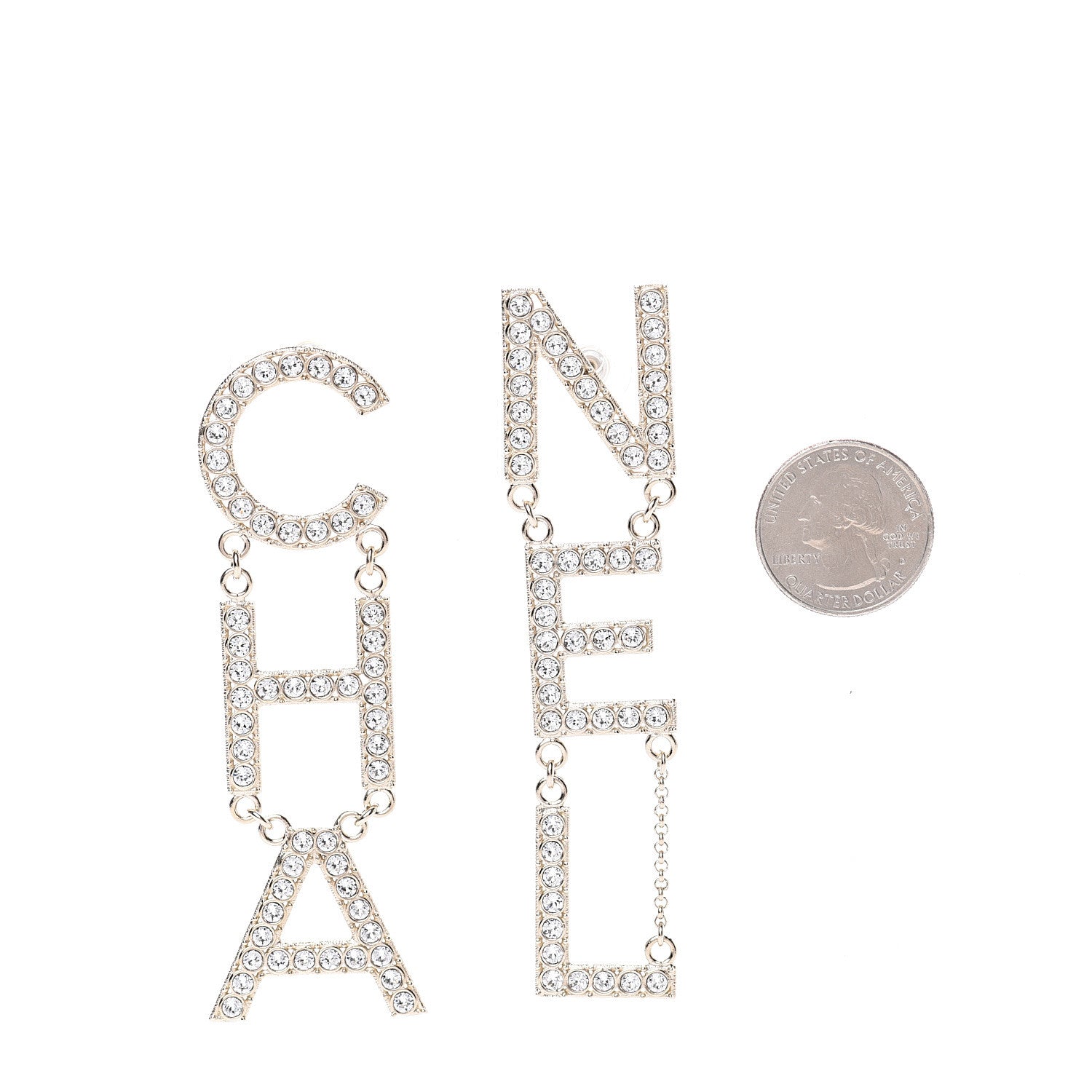 Chanel Crystal Cha-Nel Logo Drop Earrings Gold 2 of 5