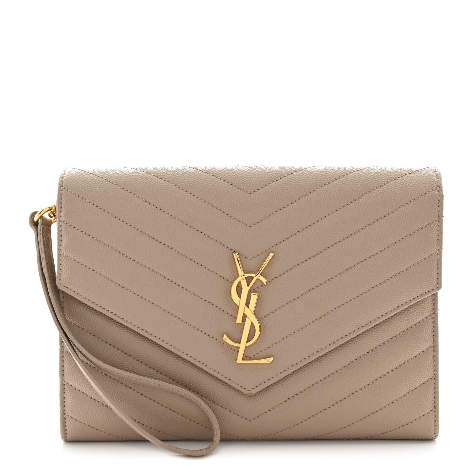 Saint Laurent Grain De Poudre Matelasse Chevron Monogram Envelope Clutch Dark Beige 1 of 12
