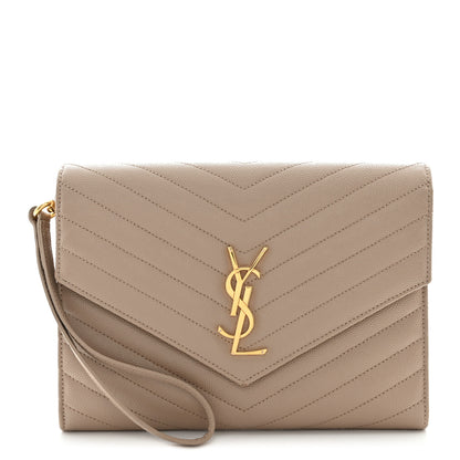 Saint Laurent Grain De Poudre Matelasse Chevron Monogram Envelope Clutch Dark Beige 1 of 12