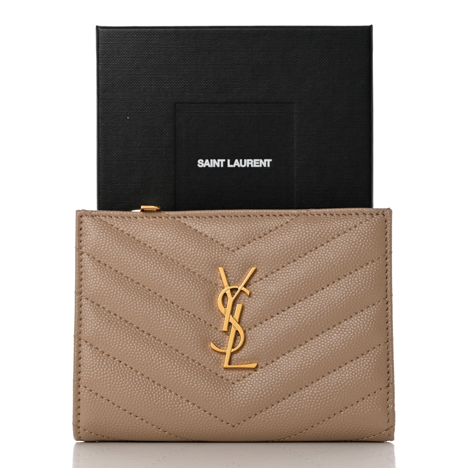 Saint Laurent Grain De Poudre Matelasse Chevron Monogram Zipped Two-Part Wallet Dark Beige 8 of 8