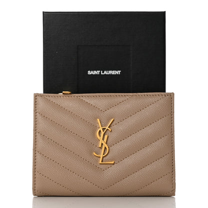 Saint Laurent Grain De Poudre Matelasse Chevron Monogram Zipped Two-Part Wallet Dark Beige 8 of 8
