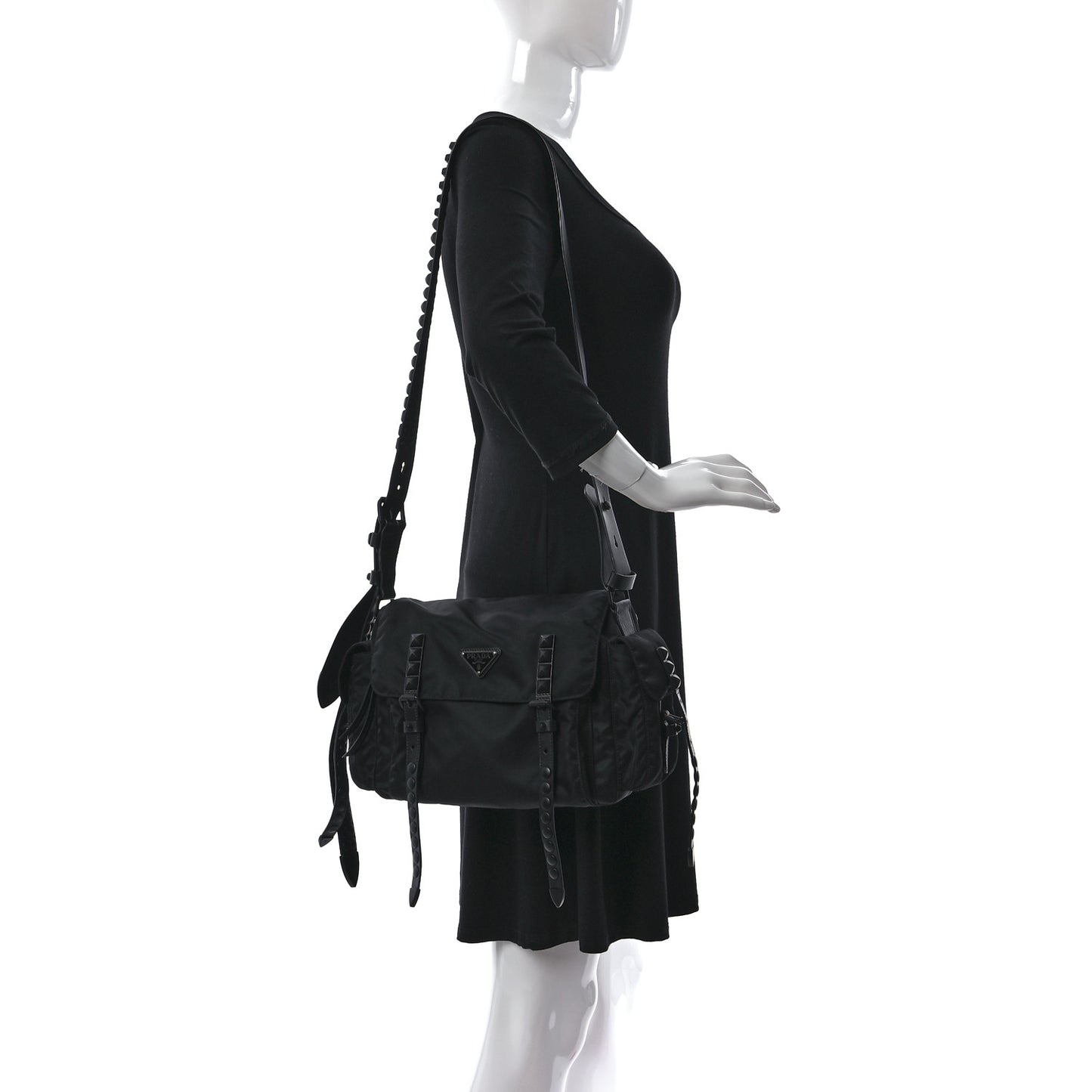 Nylon New Vela Studded Messenger Bag Black